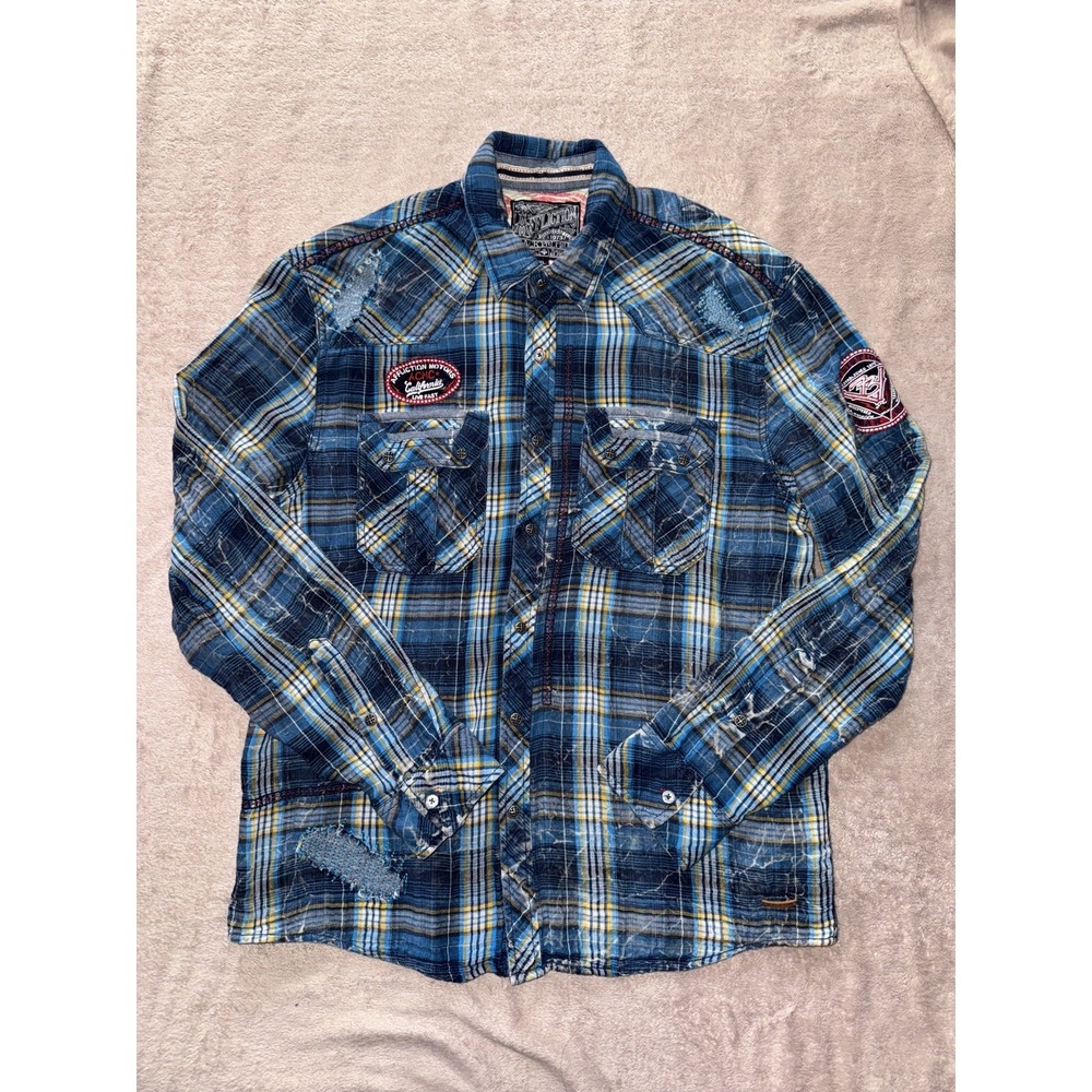 AFFLICTION Men's Blue Plaid California Motor Club Long Sleeve Size XLarge